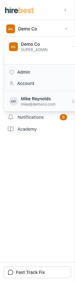 HireBest account area with organization controls available.