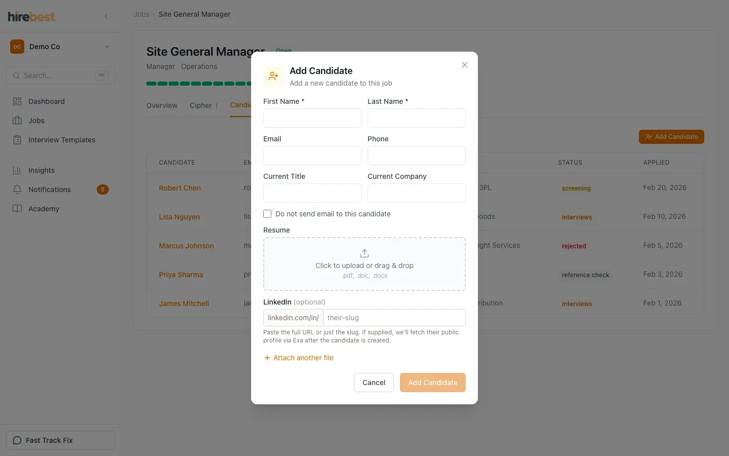 Add candidate form using synthetic candidate details.