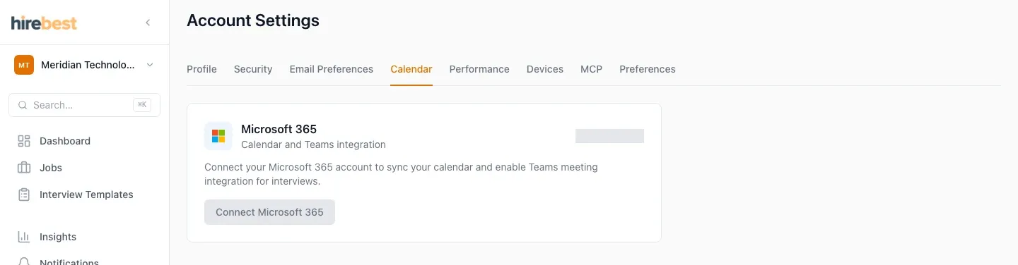 Calendar connection settings in the account area.