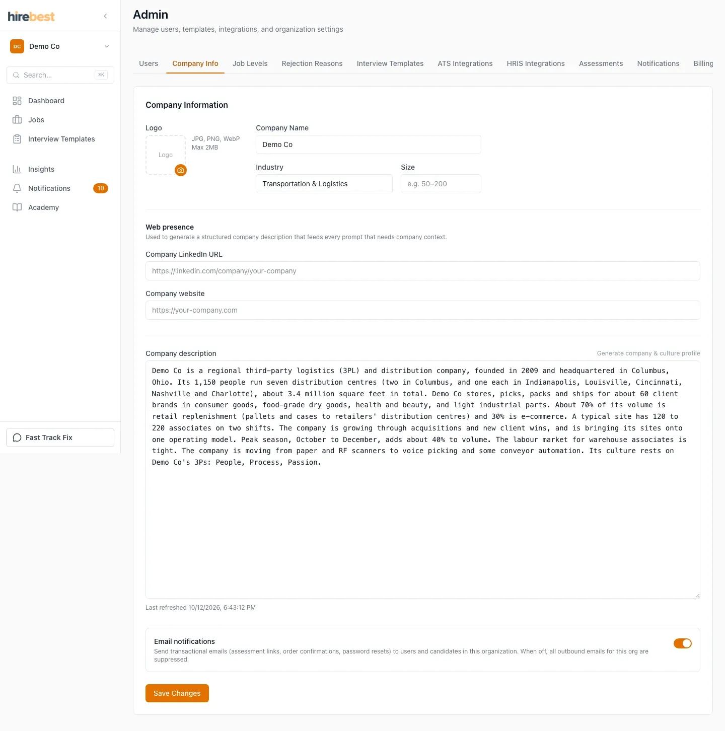 Web presence fields and the button that generates the company profile.