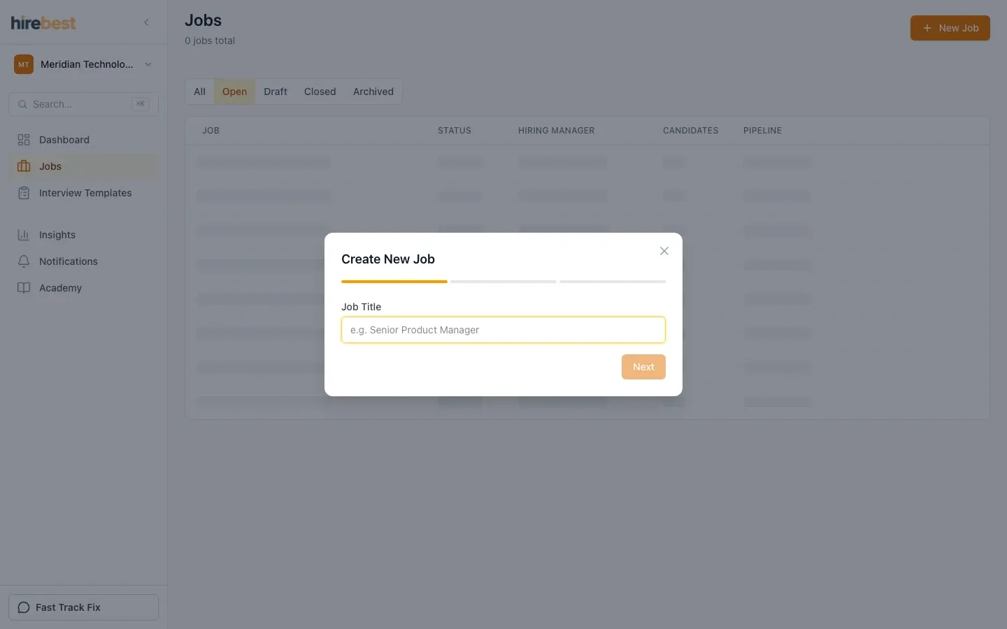 Create New Job form ready for synthetic job details.