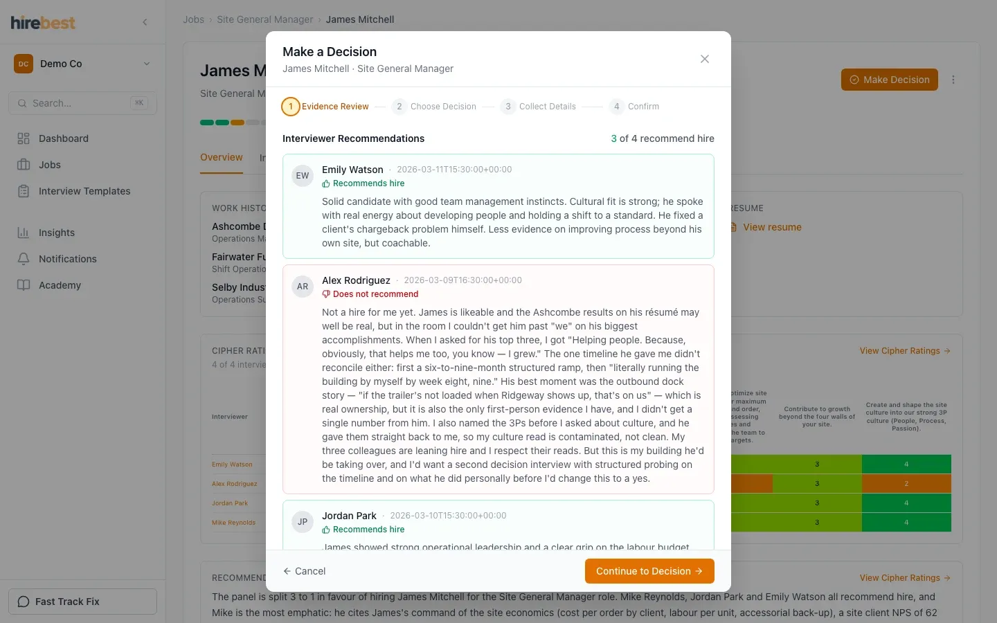 Record hiring decision dialog for a synthetic candidate.