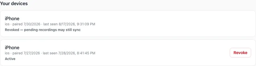 Paired phones listed on the HireBest devices page.