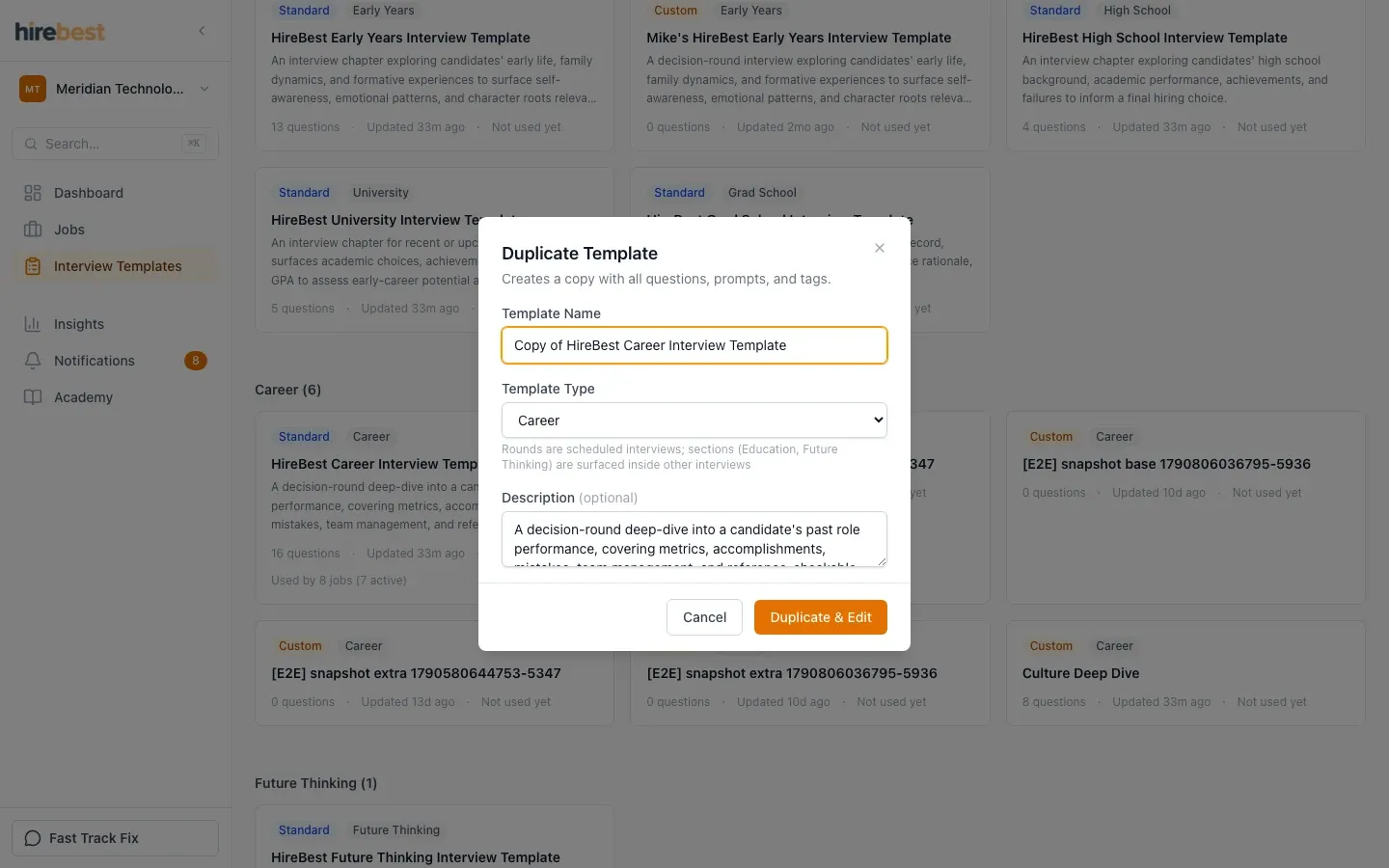 Duplicate template action in an interview template.