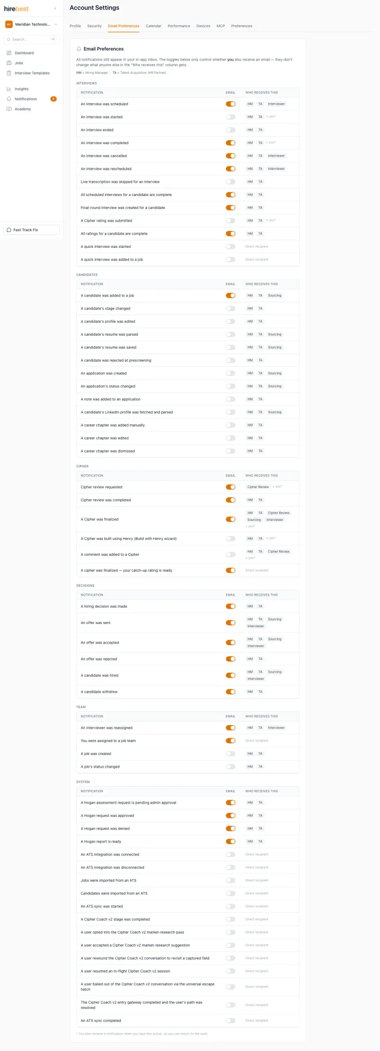 Email preference controls for HireBest notifications.