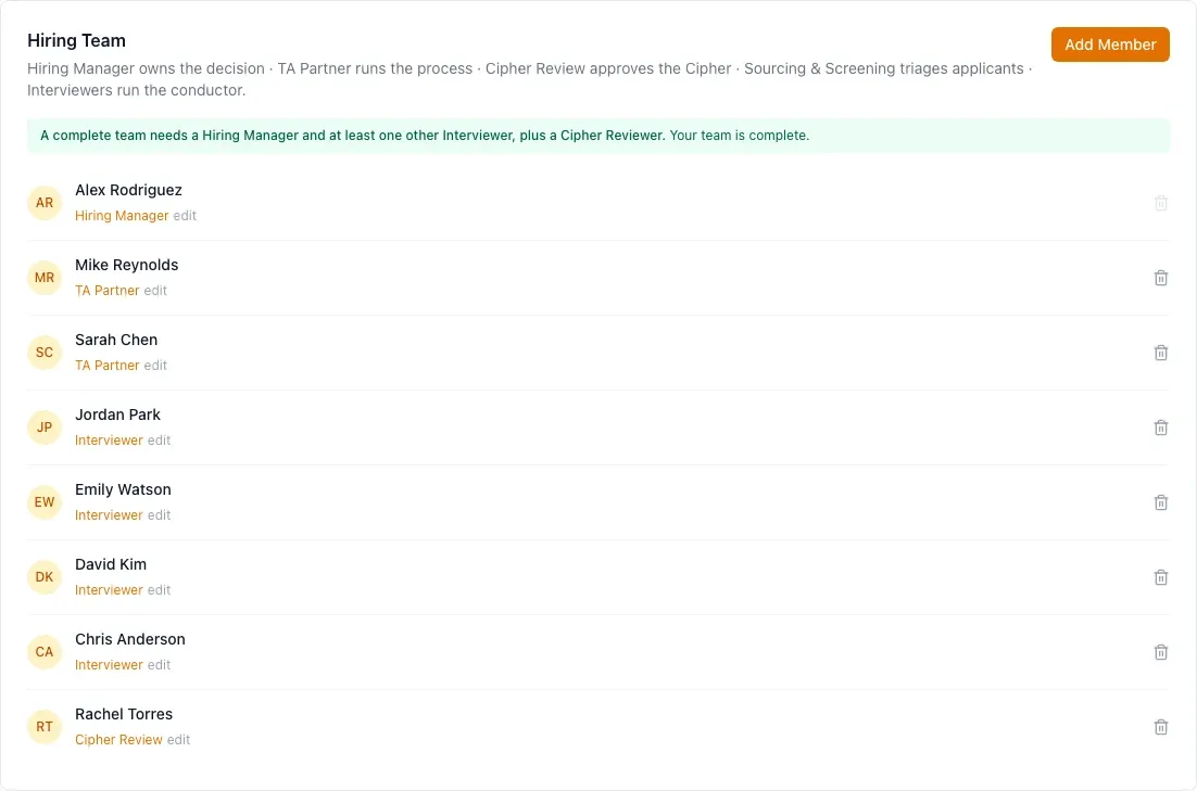 Hiring Team settings with customer-visible job roles.