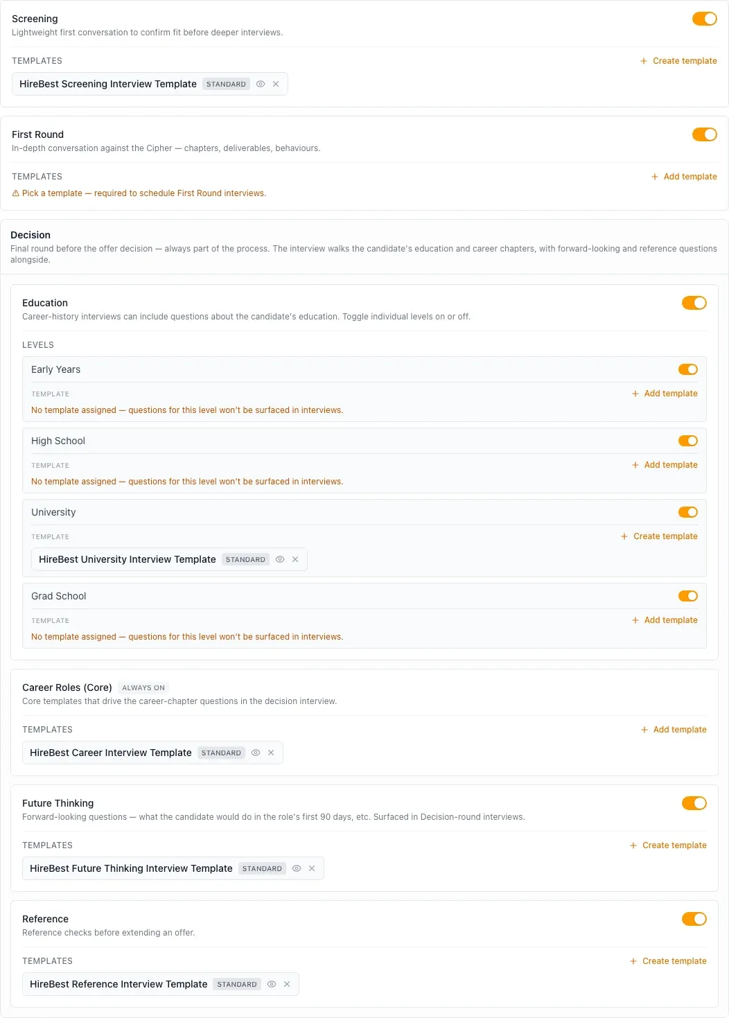 Interview Rounds settings, with the templates that each round of the job can use.