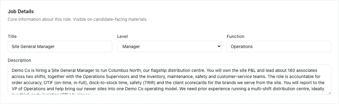 Job Details settings with the job title, level, function and description.