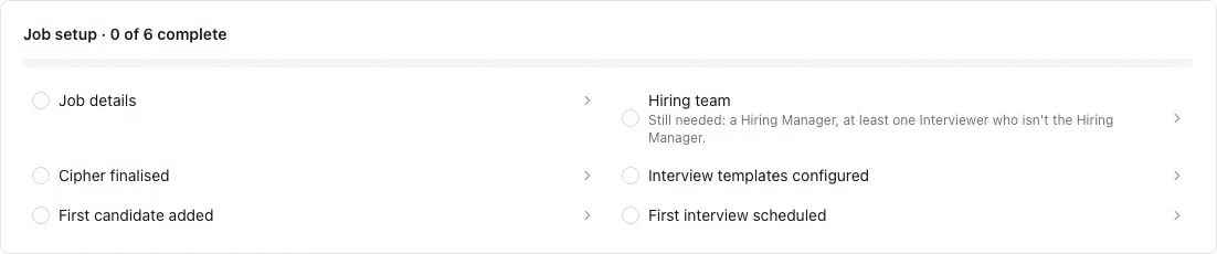 Job setup checklist showing completed and remaining readiness steps.
