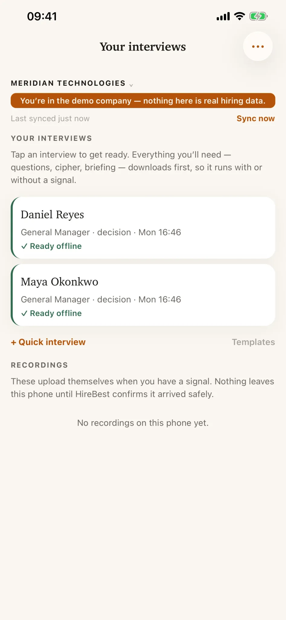 HireBest mobile meetings list using synthetic interviews.