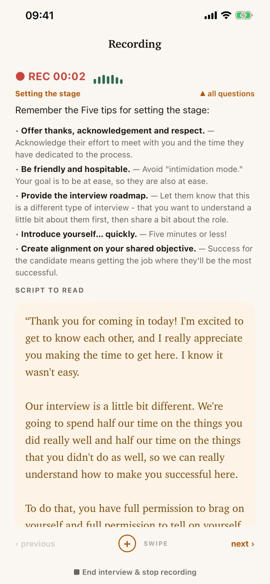 HireBest mobile recording screen for a synthetic interview.