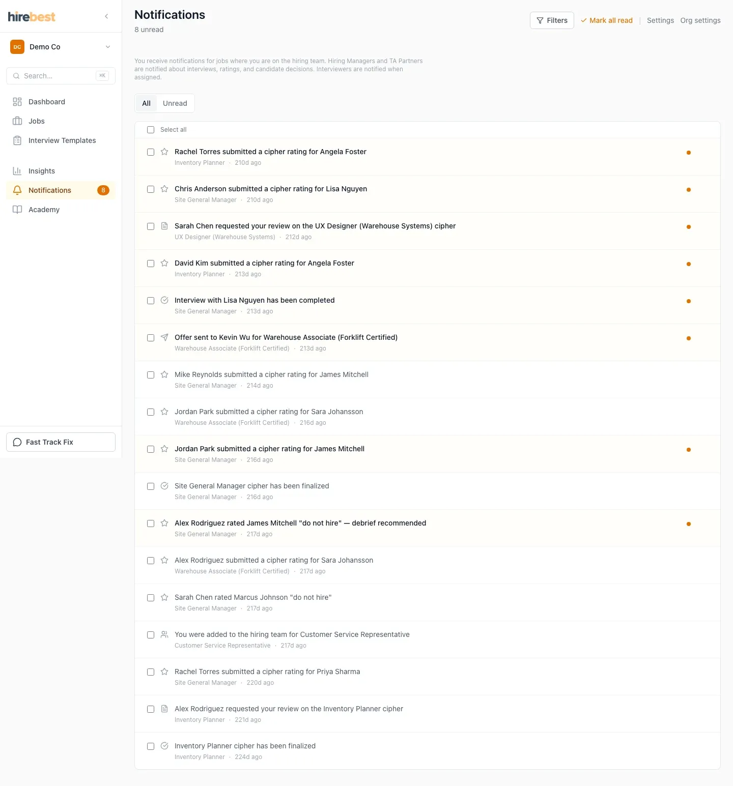 Notifications list containing synthetic activity only.