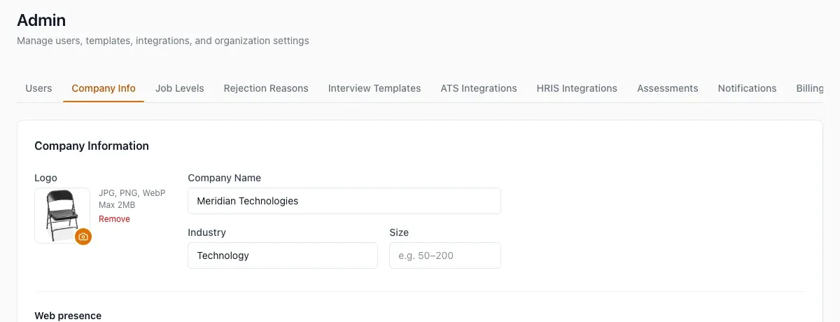 Organization settings in the HireBest account area.