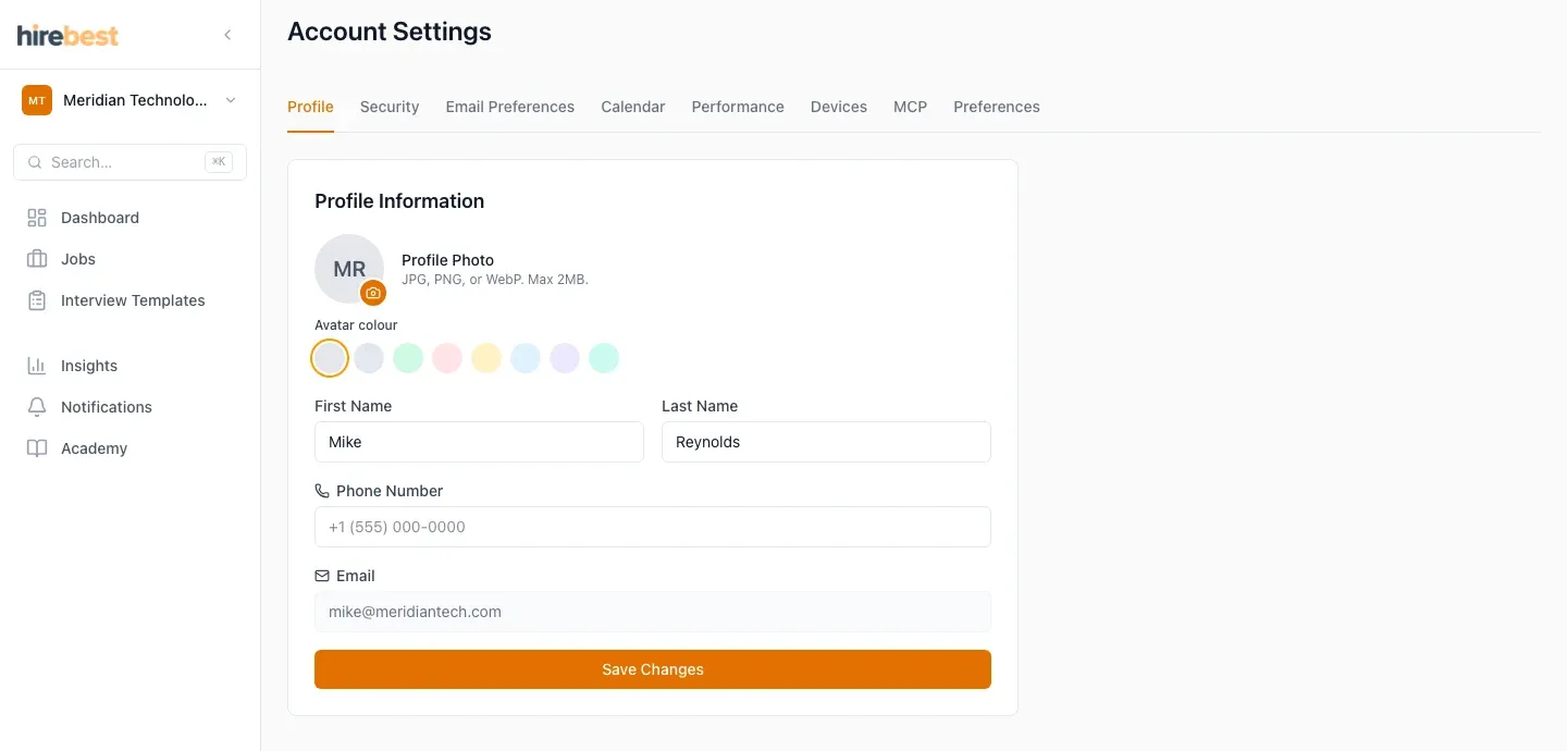 Profile settings for a synthetic customer account.