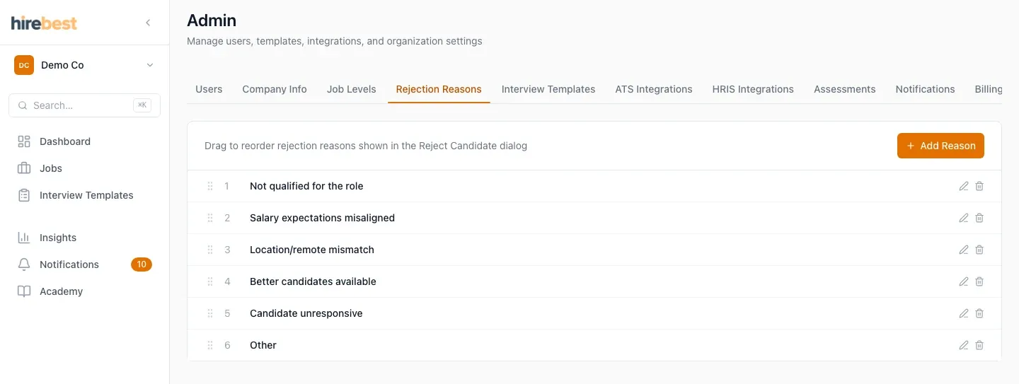 Rejection Reasons list with the Add Reason button.