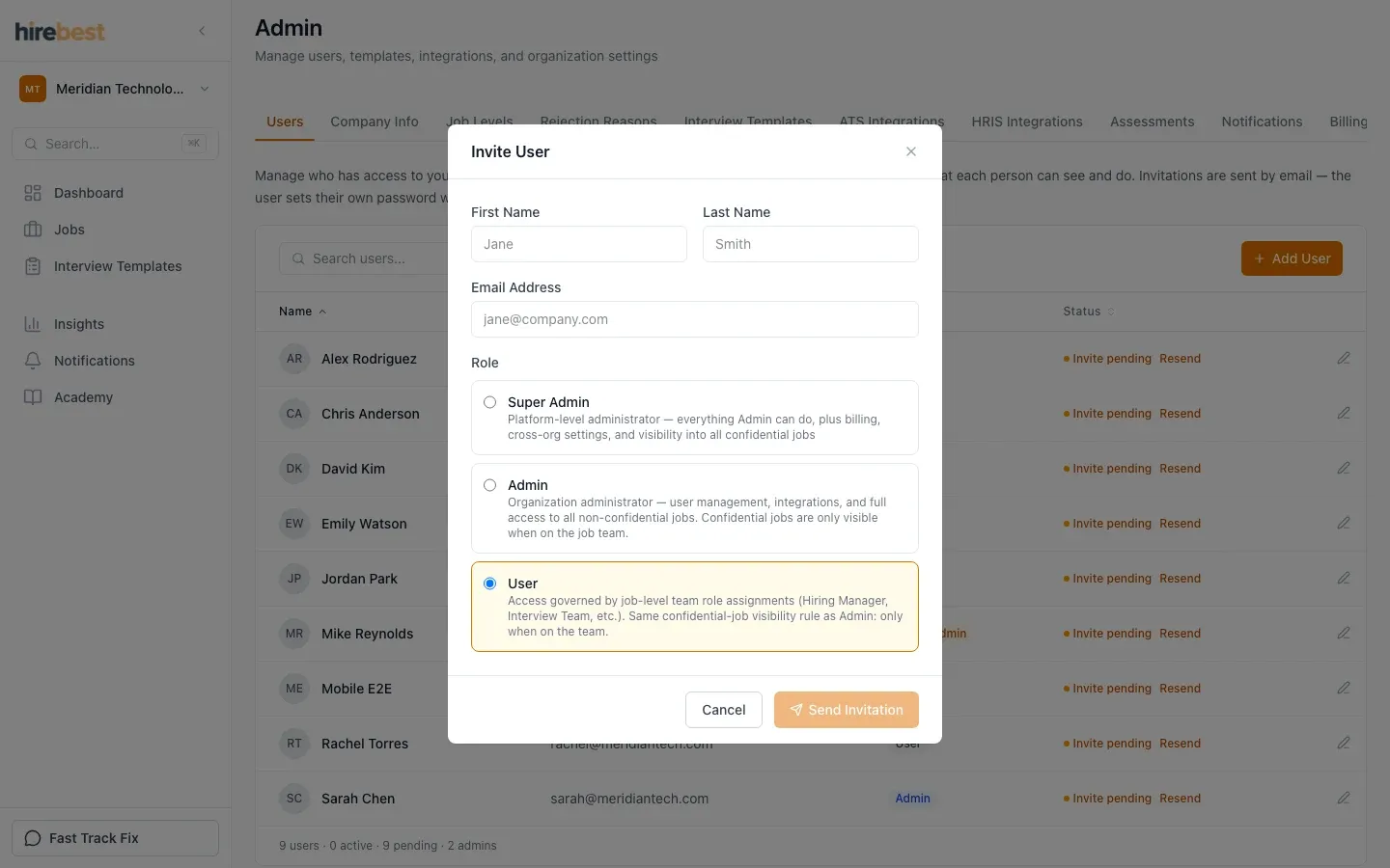 Customer role choices shown while managing a team member.