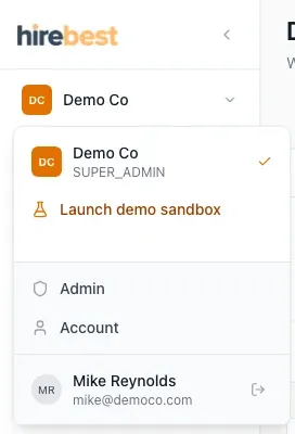 The organization menu open at the top of the sidebar, with Launch demo sandbox in the list.