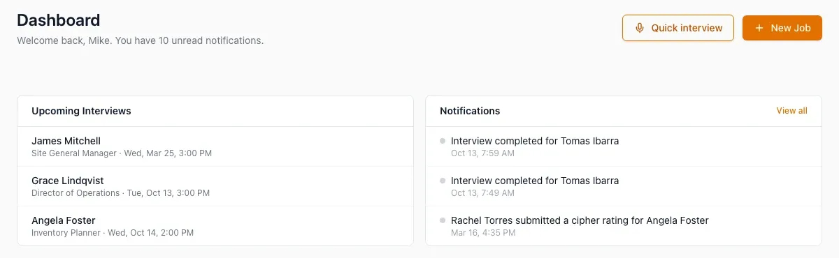 A dashboard with sample interviews for an invented company.