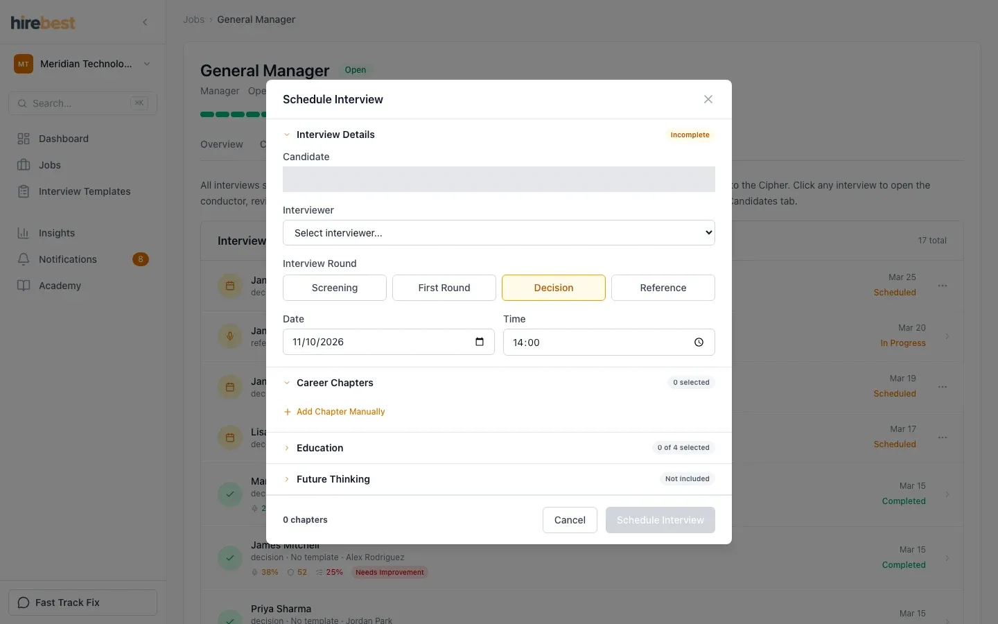 Schedule interview controls for a candidate.