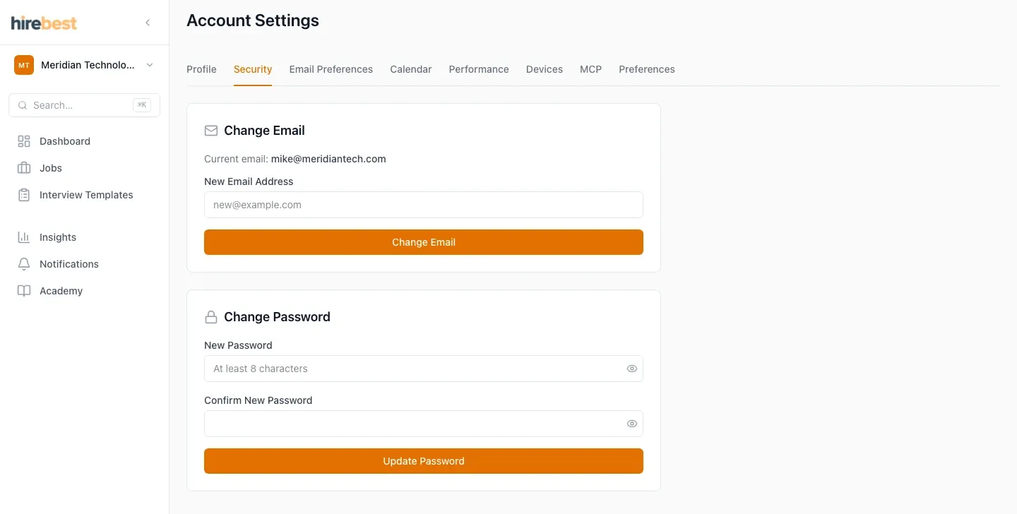 Customer-visible account security settings.