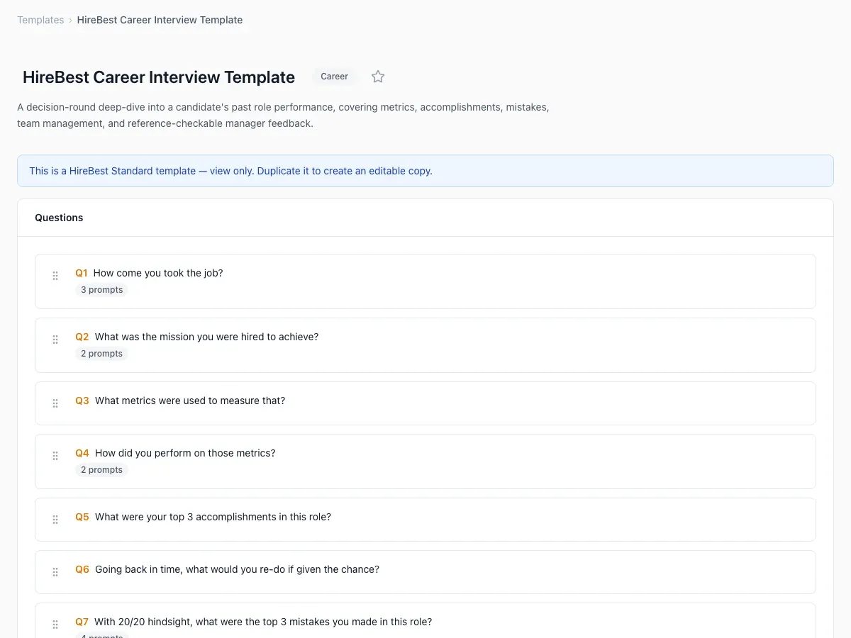 Interview template detail with question structure.
