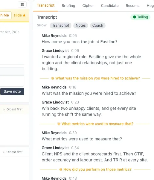 Live transcript panel with synthetic interview text.